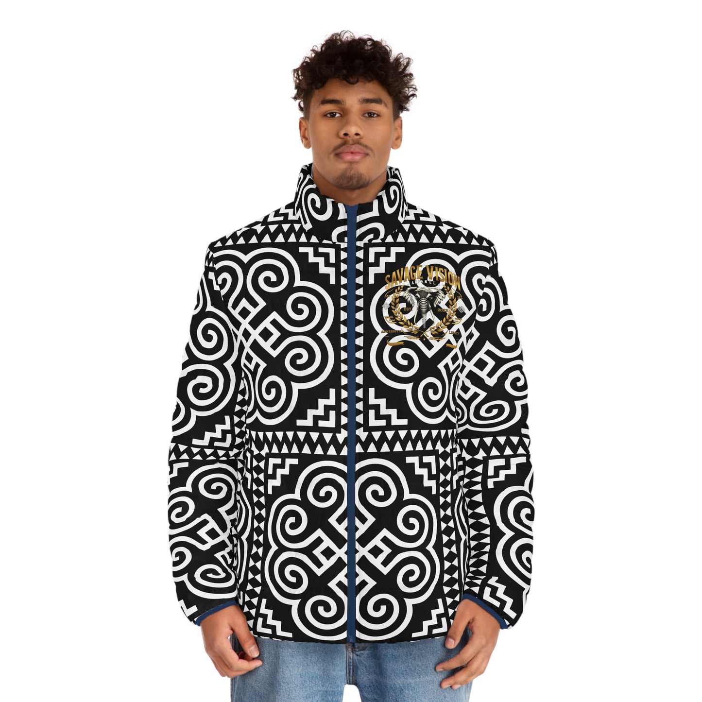 Hmong Elephant Print Men's Puffer Jacket